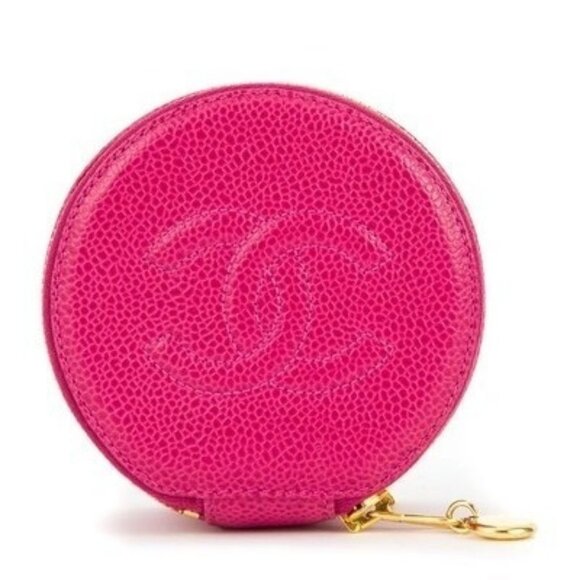 Authentic CHANEL CC Caviar Round Pouch Jewelry Travel Case Coin Purse Pink